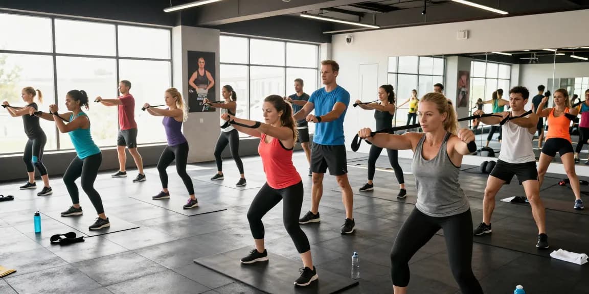 Unieke sfeer in de Unique Pharma Steroïden Winkel tijdens een sportieve groepsles, waar deelnemers vol enthousiasme aan hun fitnessdoelen werken.