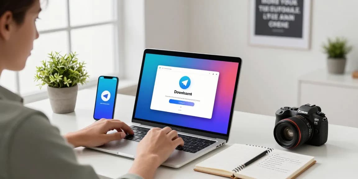 Download Telegram on a modern laptop in a bright workspace with tech gadgets.