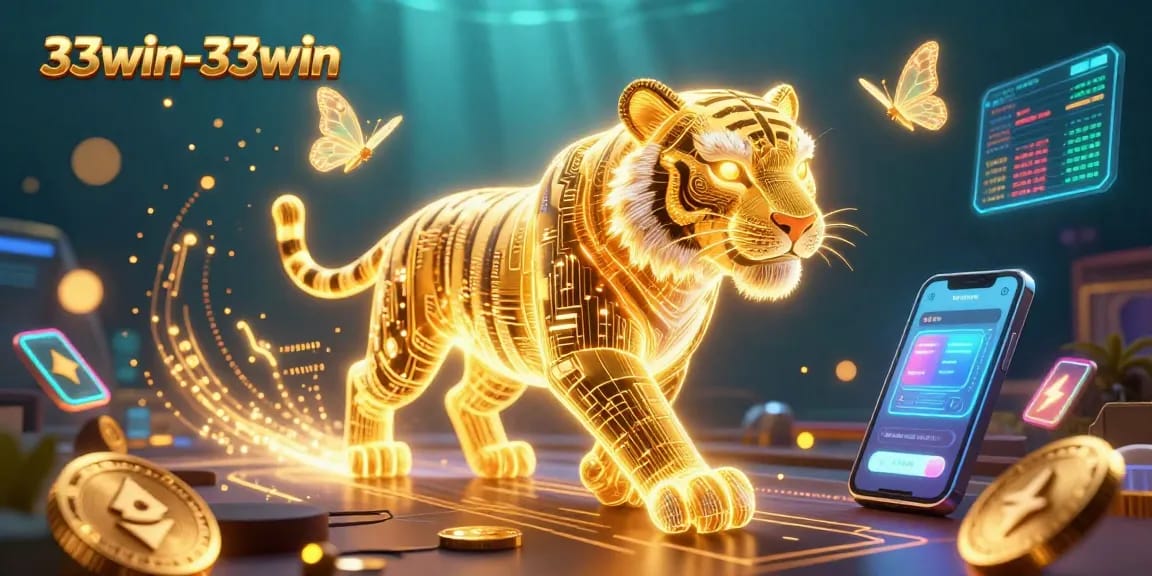 Engage with the dynamic universe of 33win-33win, illuminated by a golden tiger in a vibrant digital casino.