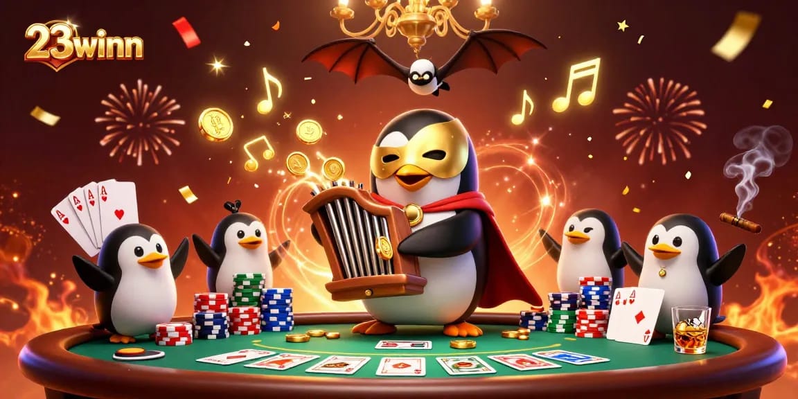 Experience the thrilling 23winn casino scene with a penguin organist and dramatic poker elements.