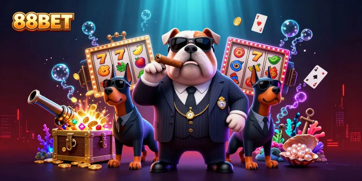 88BET features a mafia boss bulldog and Doberman bodyguards amidst vibrant slot game elements.