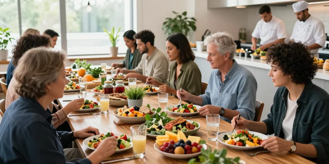 Medewerkers genieten van gezonde maaltijden bij een bedrijfscateraar in een zonnige kantoorcafeteria.