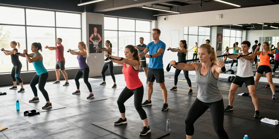 Unieke sfeer in de Unique Pharma Steroïden Winkel tijdens een sportieve groepsles, waar deelnemers vol enthousiasme aan hun fitnessdoelen werken.