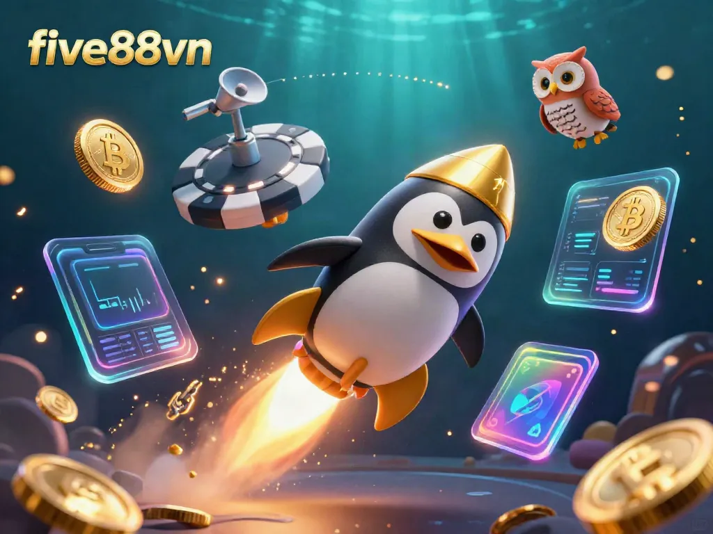 Explore exhilarating five88vn gaming adventures with a rocket penguin amid cosmic excitement and vibrant crypto elements.