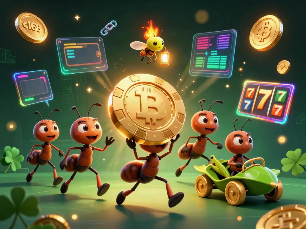 C168 cartoon heist illustration with ants carrying a giant poker chip and cryptocurrency elements.