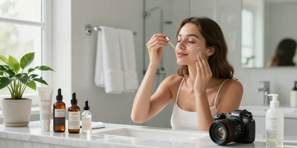 Vrouw die dr melaxin peel shot aanbrengt in een moderne badkamer, omringd door luxe huidverzorgingsproducten.