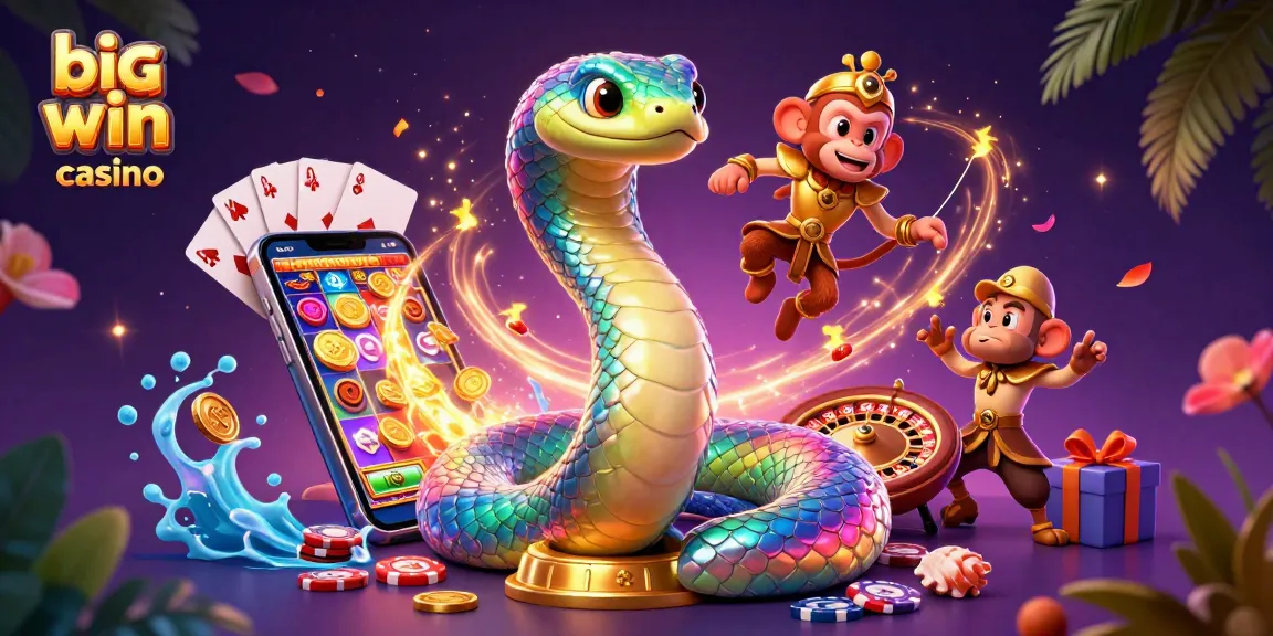 Experience the big win casino with a colorful 3D scene of a rainbow serpent and playful monkey king.