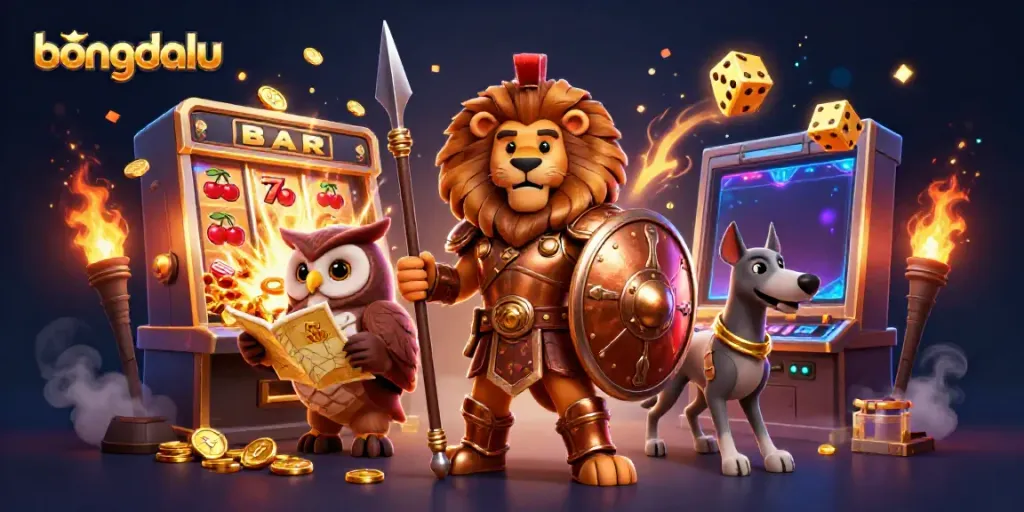 Bongdalu illustrates a Spartan lion, owl strategist, and greyhound amid a jackpot explosion, showcasing a dynamic casino scene.