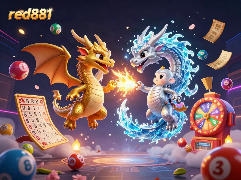 Experience the thrilling action at red881, featuring vibrant dragons and colorful lottery elements.