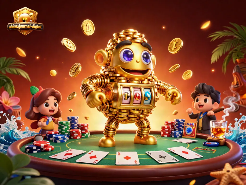 Engage with ahimajournal-digital's vibrant 3D illustration of a golden golem amidst poker elements.