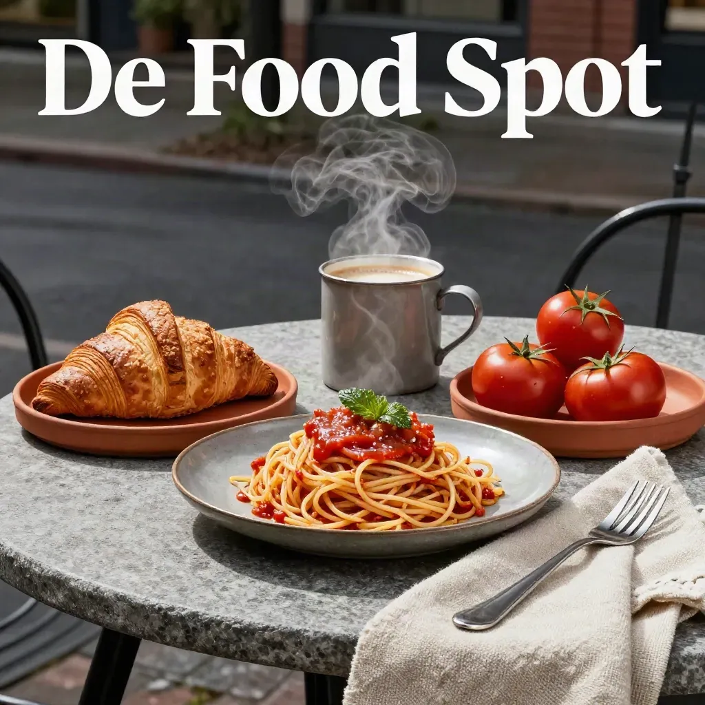 Monumentale lunch met zuurdesembrood, pasta, croissant en koffie in dramatisch ochtendlicht.