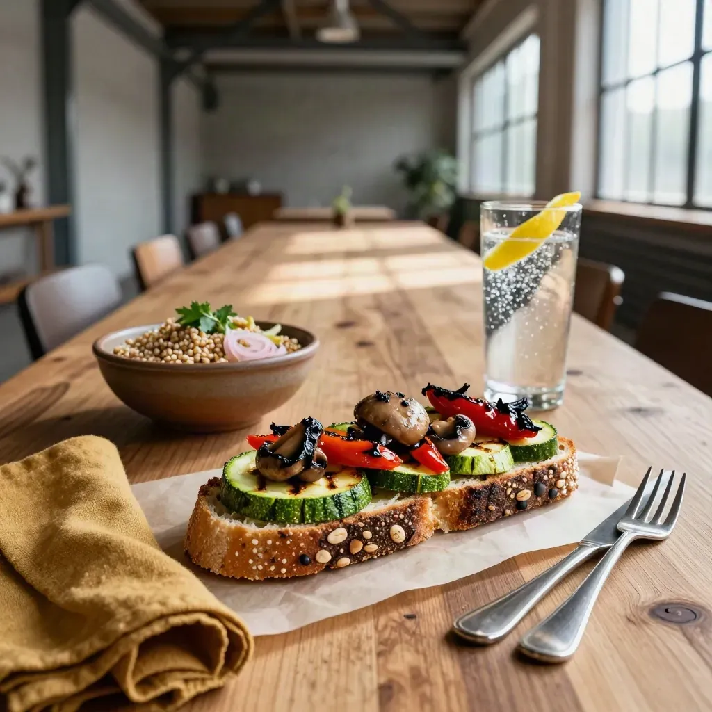 Sandwich, graanbowl en bruiswater op houten tafel in industriële loods in Amsterdam-Noord.