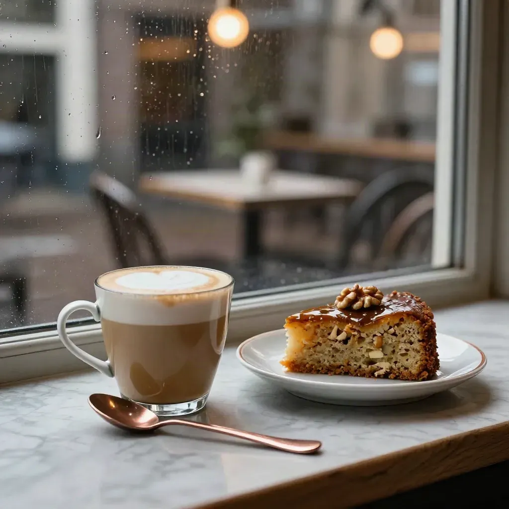 Cappuccino met worteltaart op marmeren vensterbank in Haarlem, met regen op glas en zachte cafélichten.