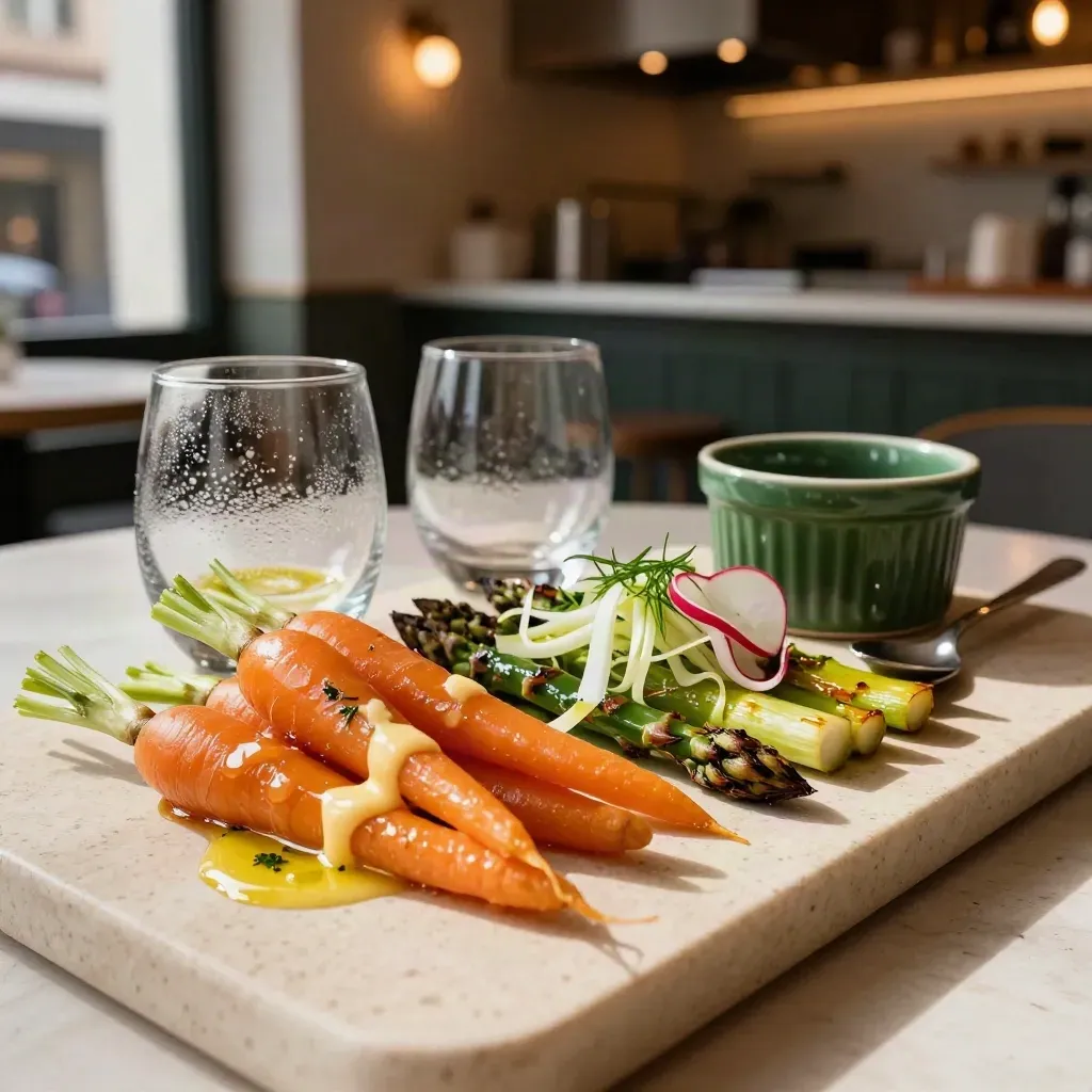 Close-up van bistroproefbordjes met seizoensgroenten en kleine glazen in warm avondlicht