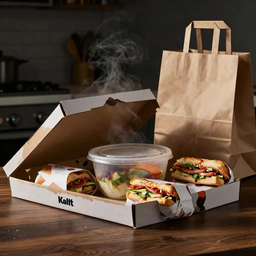 Takeawaydozen, pokébowl en broodjes op een donkere keukentafel in avondlicht.