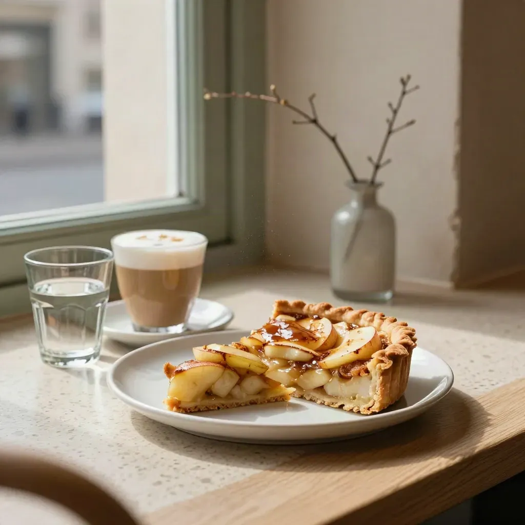 Appeltaart, latte, waterglas en vaasje op een cafétafel in zacht middaglicht