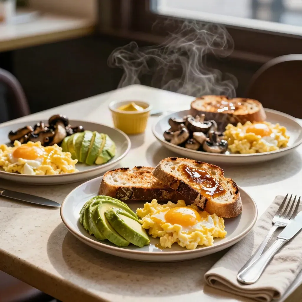 Brunchtafel met eieren, avocado, paddenstoelen en toast waar stoom boven hangt