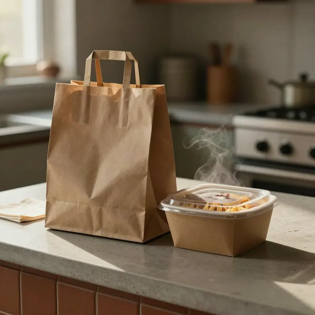 Afhaalzak met pastadoos en saladebakje op een betonnen keukenblad, warm en sfeervol