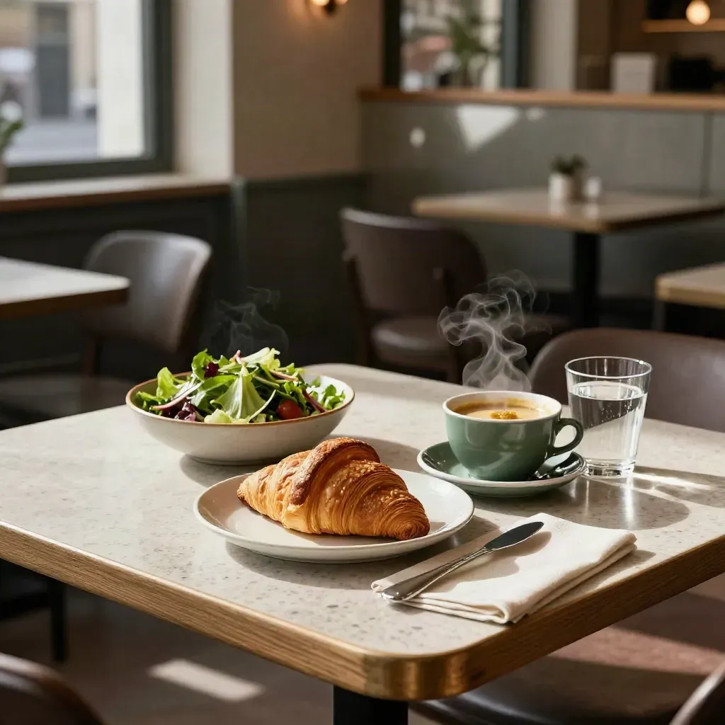Brede lunchtafel met croque, salade, soep en water in een lichte Rotterdamse zaak.
