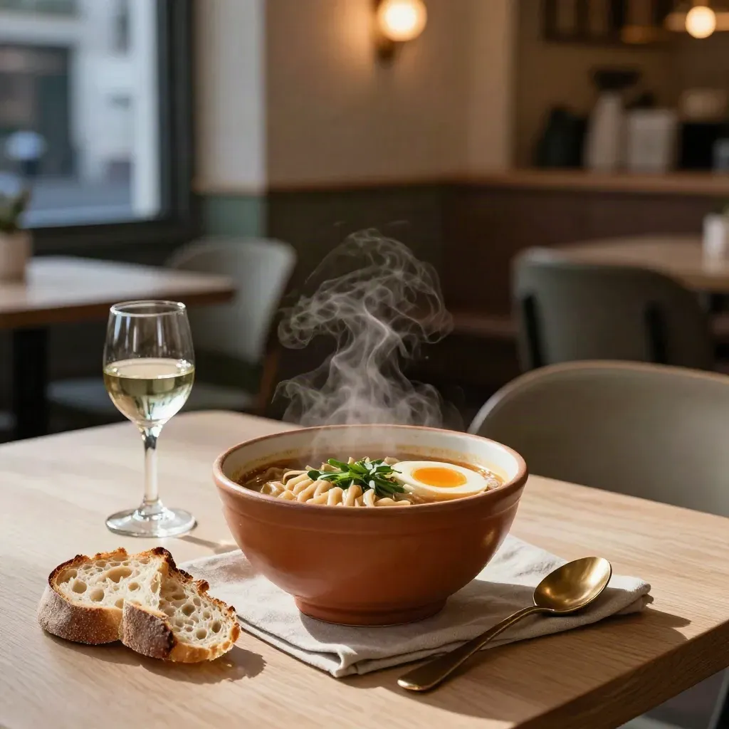 Ramenkom, wijnkaraf en brood op linnen in een warm Leidse bistro bij avondschemer.