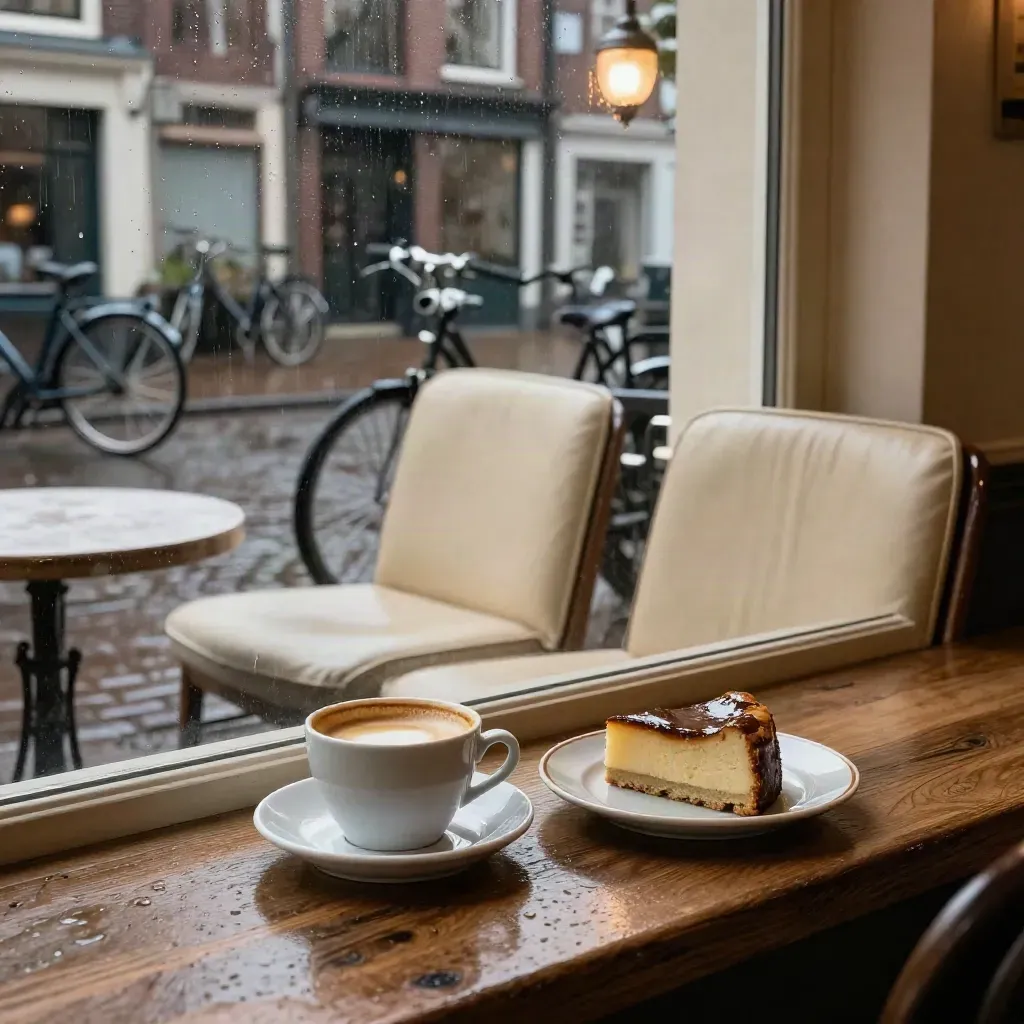 Koffiekop en taart bij een Haarlemse caféruit met natte straat na de regen.