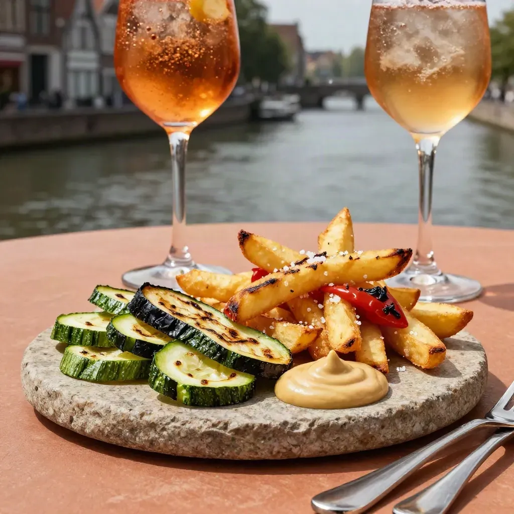 Close-up van shared plates met gegrilde groenten, friet en spritz op een Utrechts terras