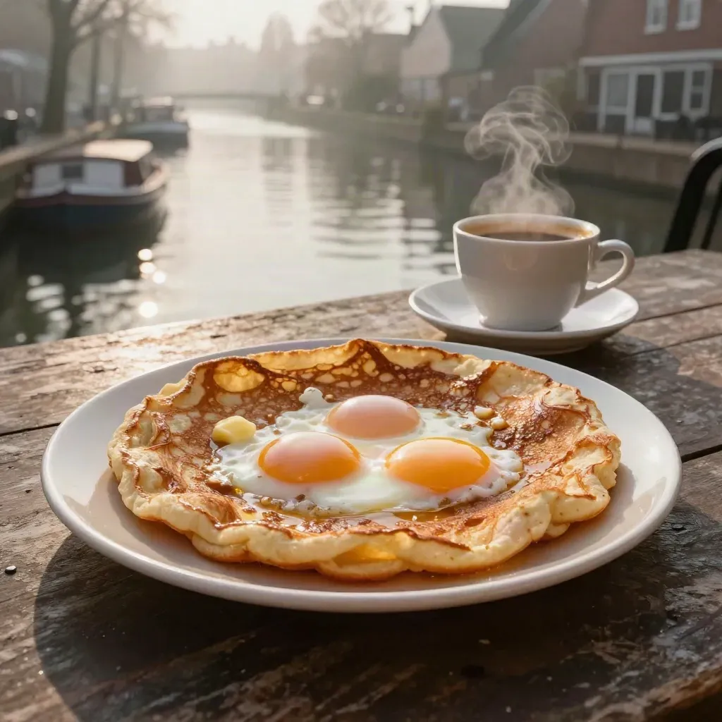 Pannenkoeken, eieren en koffie op een tafeltje aan de gracht in zonlicht.