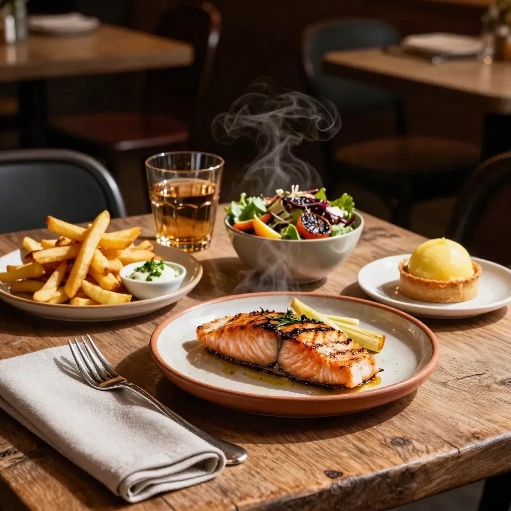 Bistrotafel met drie gerechten, dessert, twee glazen en warme stoom in middaglicht.