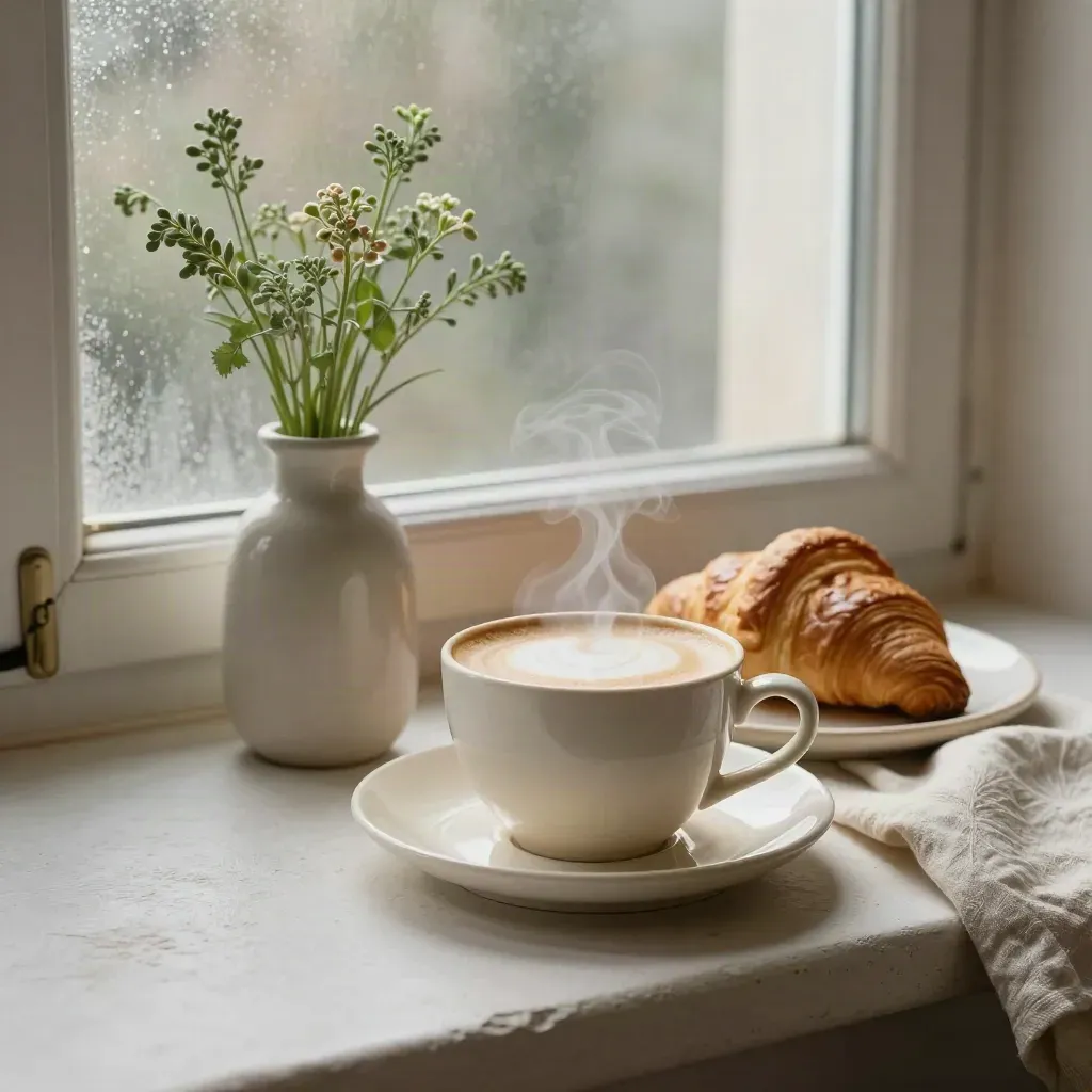 Cappuccinokop met croissant en vaasje veldgroen op een vensterbank in zacht ochtendlicht.