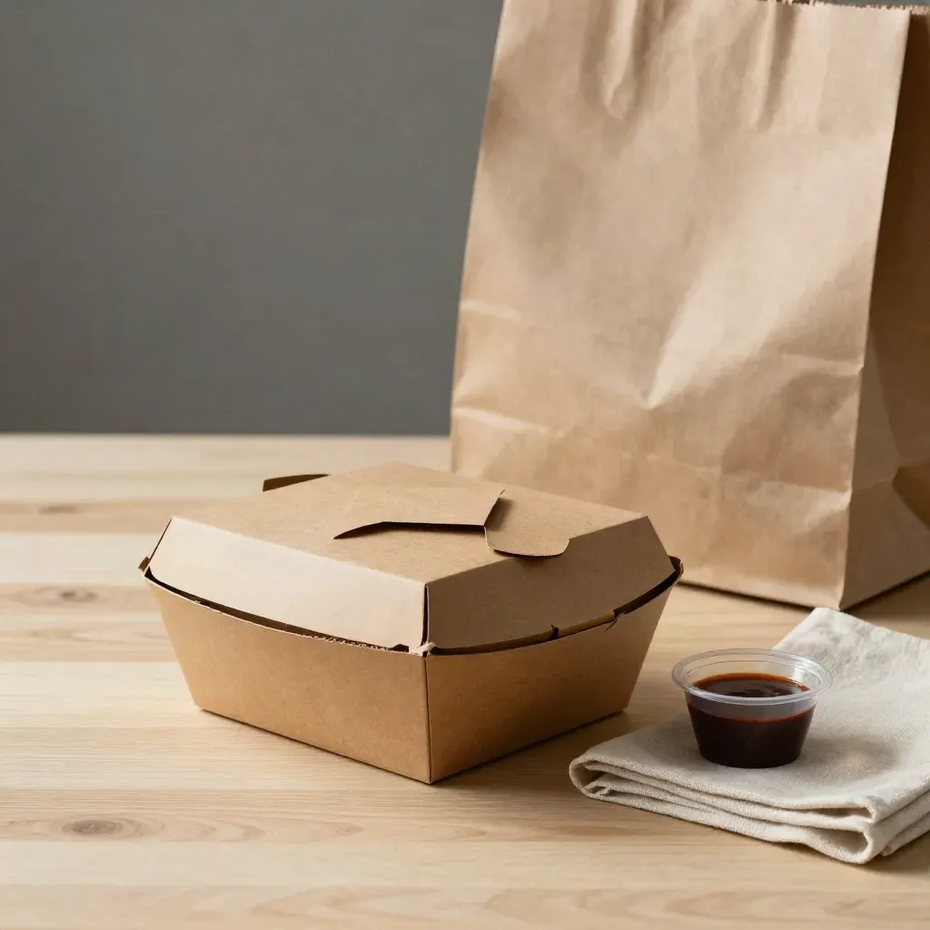 Gesloten afhaalbox, papieren tas en sausbakje op lichte houten tafel in zacht daglicht.