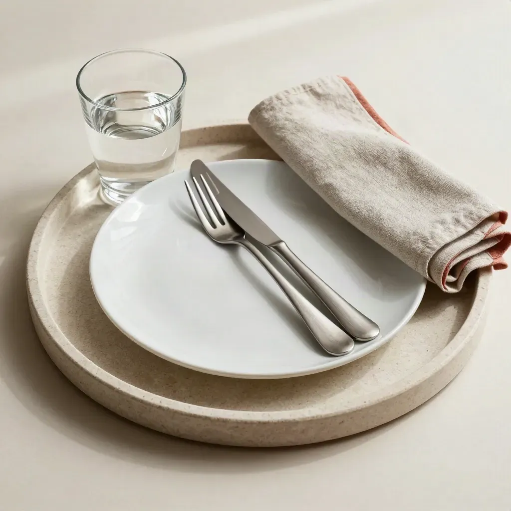 Witte lunchplaat met bestek, waterglas en gevouwen doek op stenen dienblad in zacht raamlicht.