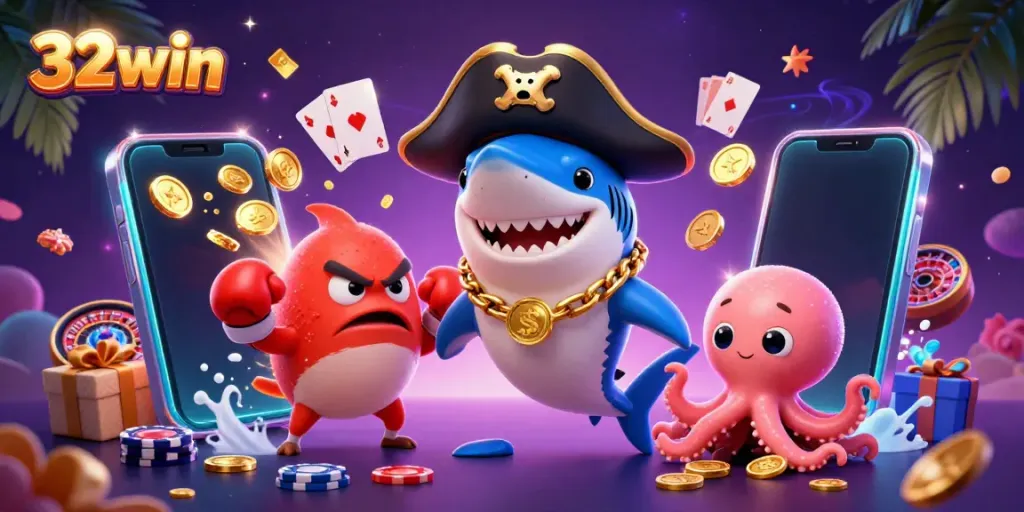 Experience the vibrant 32win casino world with a joyful pirate shark, pufferfish, and octopus in a dynamic gambling scene.