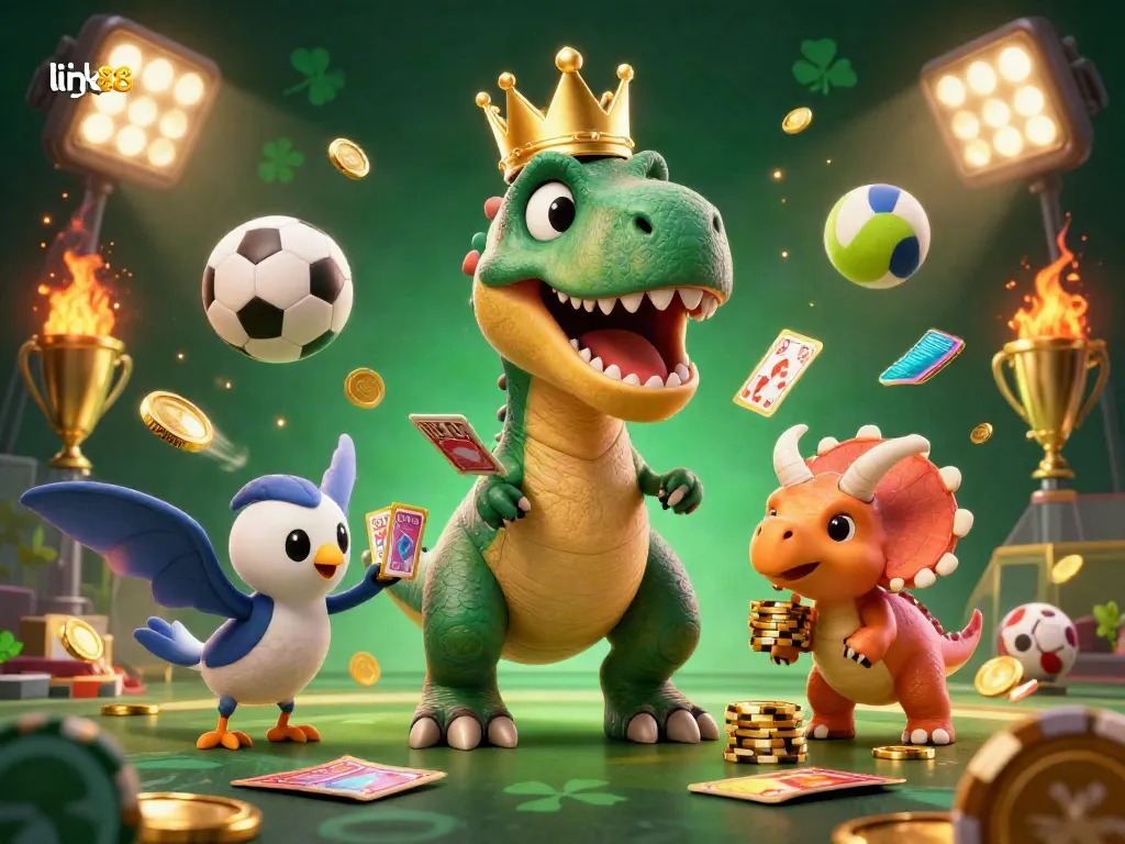 Experience thrilling play at link go88 with a vibrant 3D scene of animated dinosaurs engaging in card games and sports betting.