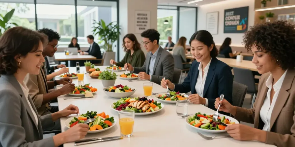 Gezellige lunch in een moderne bedrijfsrestaurant met catering voor bedrijven en mediterrane gerechten.