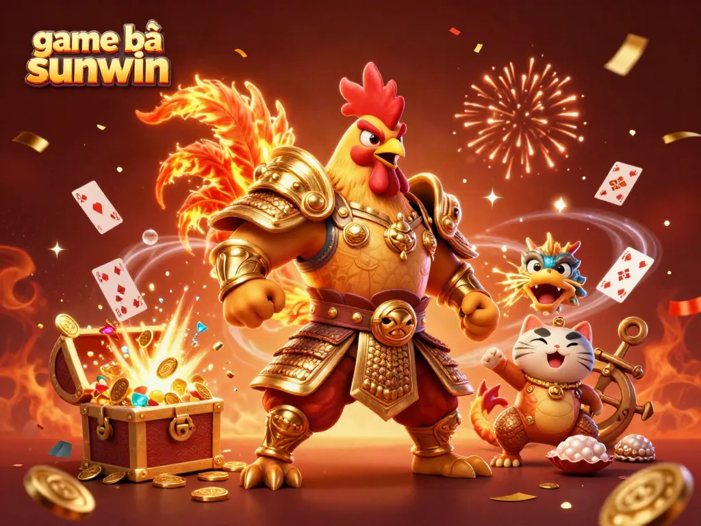 Engage with game bài sunwin illustrated by powerful characters amidst gold coins and vibrant casino elements.