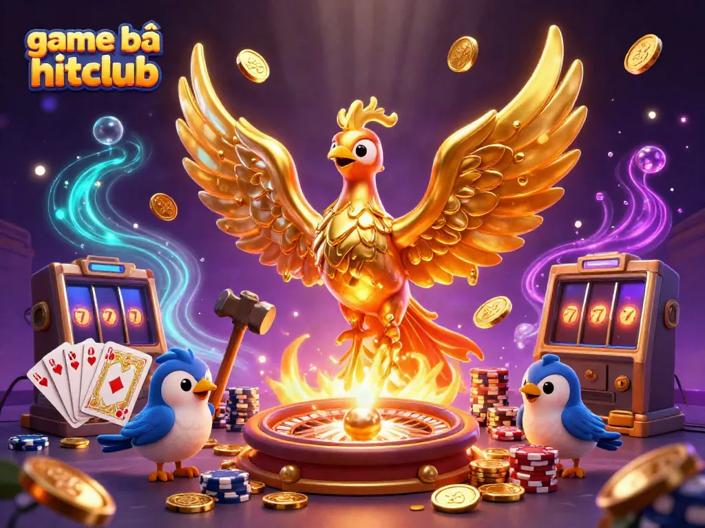Experience thrilling games at game bài hitclub, featuring vibrant 3D illustrations of casino joy.
