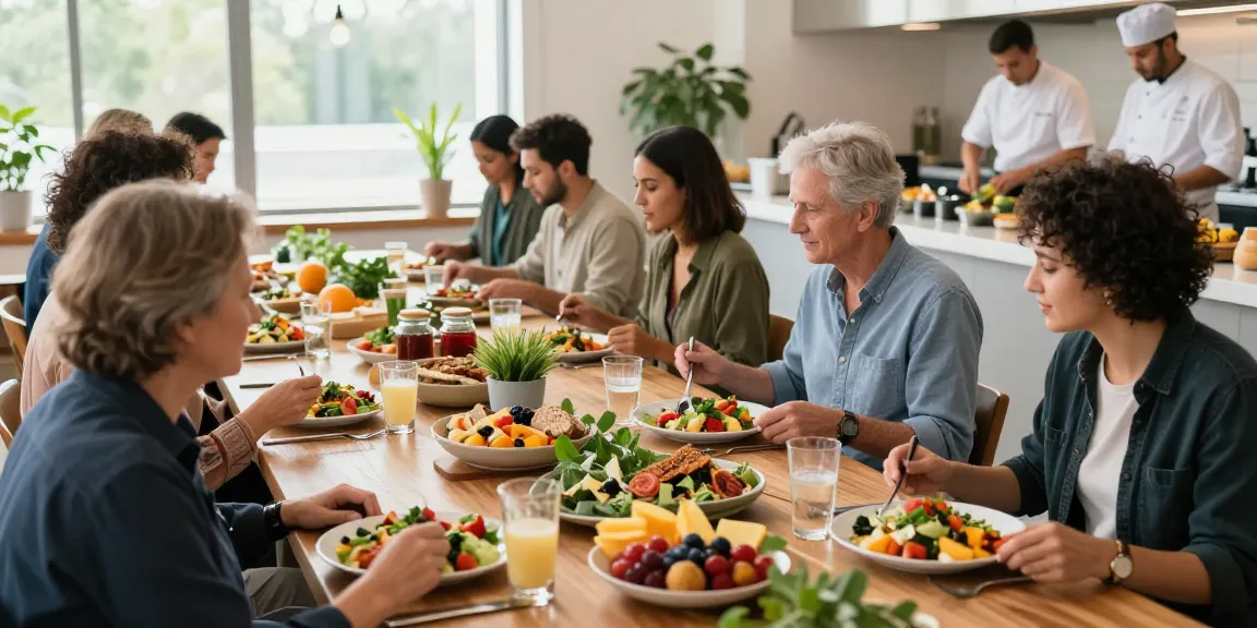 Medewerkers genieten van gezonde maaltijden bij een bedrijfscateraar in een zonnige kantoorcafeteria.