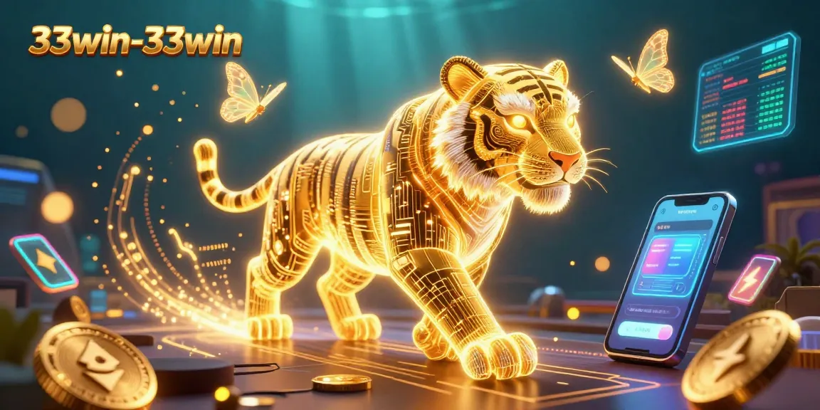 Engage with the dynamic universe of 33win-33win, illuminated by a golden tiger in a vibrant digital casino.