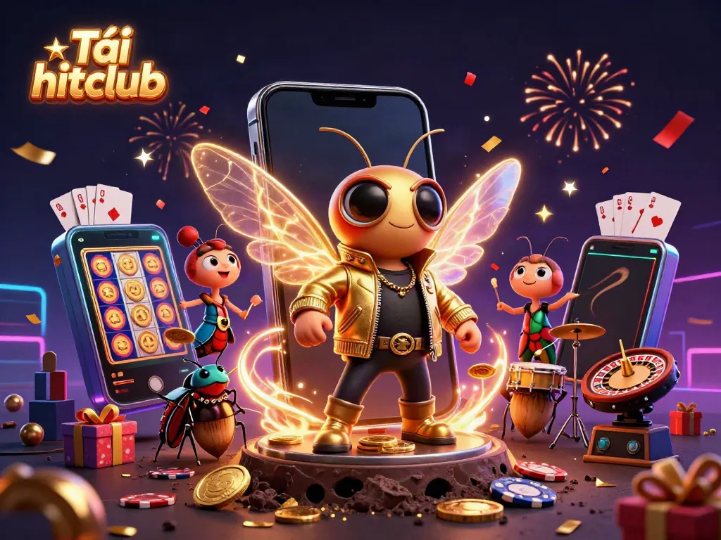 Tải hitclub and win with vibrant 3D casino-themed illustration featuring exciting game elements.