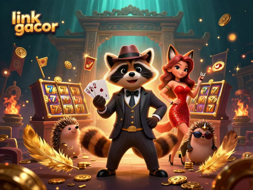 Experience the excitement of the link gacor in a lively 3D casino scene featuring an animated raccoon, fox, and hedgehog.