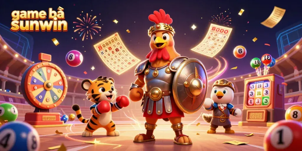 Engage in the vibrant game bài sunwin experience with a lively 3D gala of characters and casino elements.
