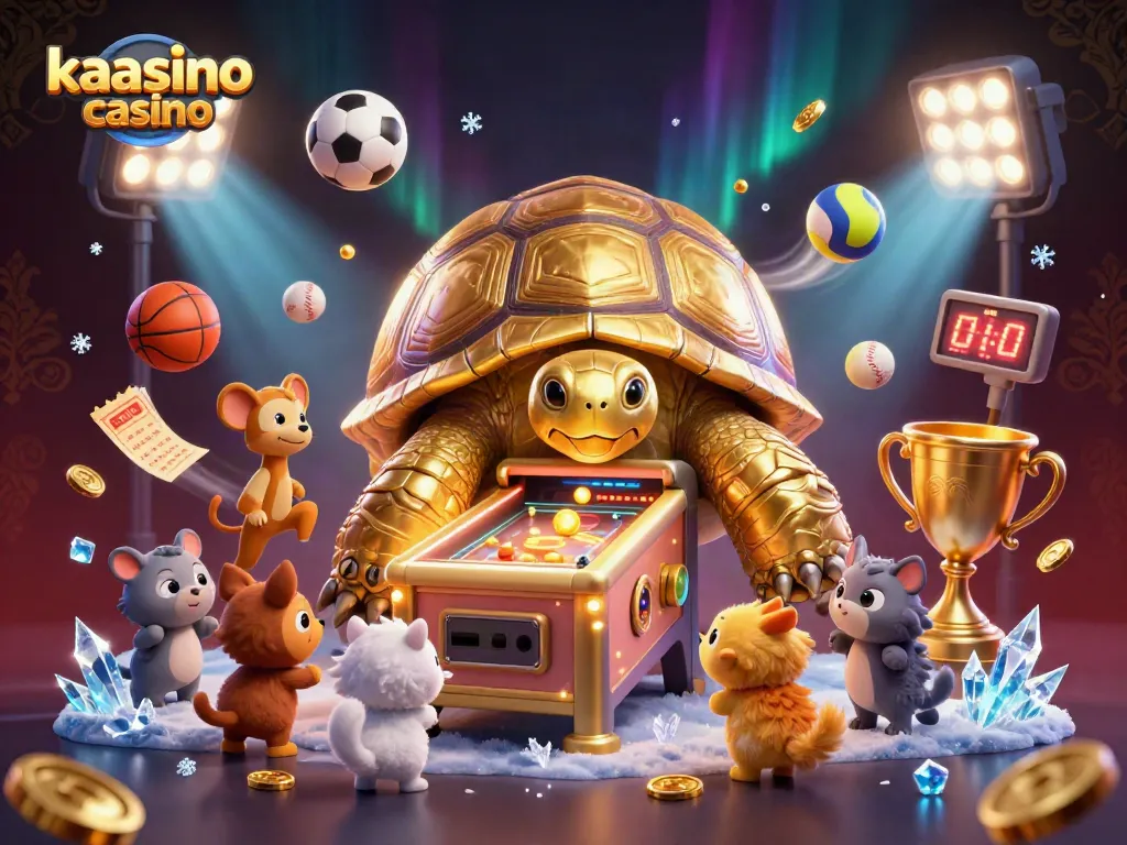 Kaasino Casino's vibrant scene showcases a golden tortoise pinball machine amidst flying sports balls and glowing trophies, perfect for thrilling gaming.