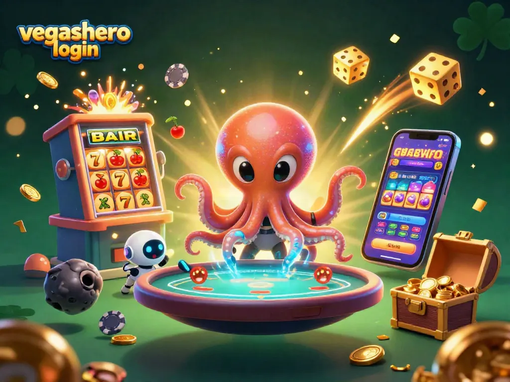 Play exciting games at vegashero login with a vivid 3D casino illustration filled with dynamic elements.