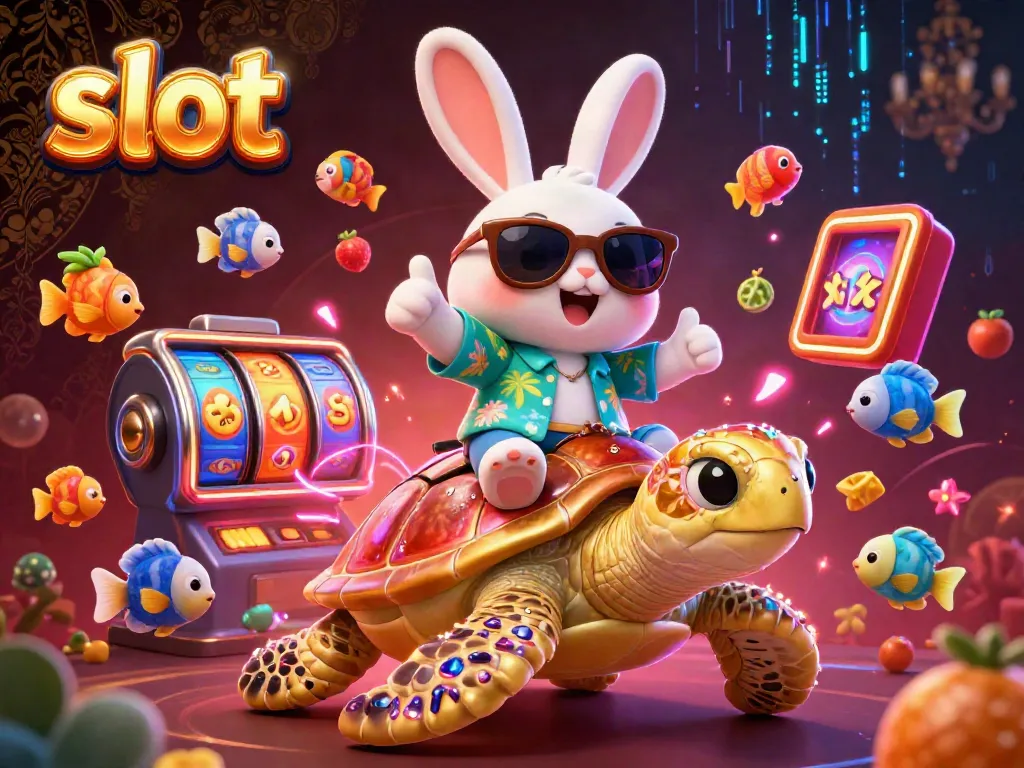 Engage in immersive slot gaming with a lucky rabbit and golden turtle amidst vibrant casino elements.