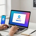 Download Telegram on a modern laptop in a bright workspace with tech gadgets.