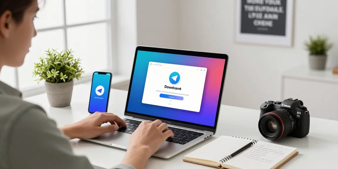 Download Telegram on a modern laptop in a bright workspace with tech gadgets.