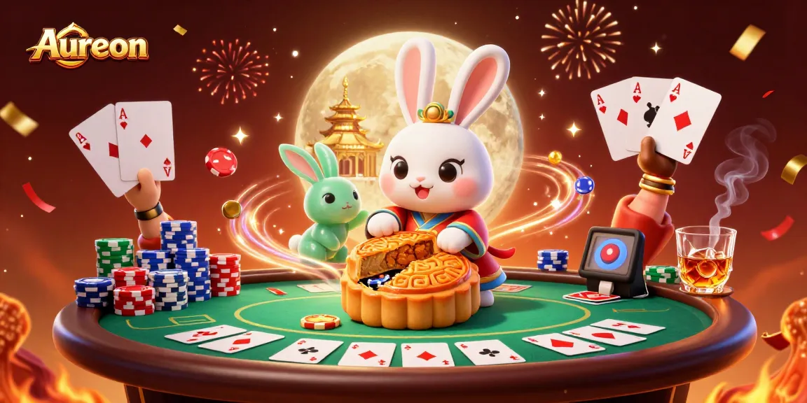 Aureon presents an enchanting moon-themed casino scene with a playful rabbit and vibrant poker elements.