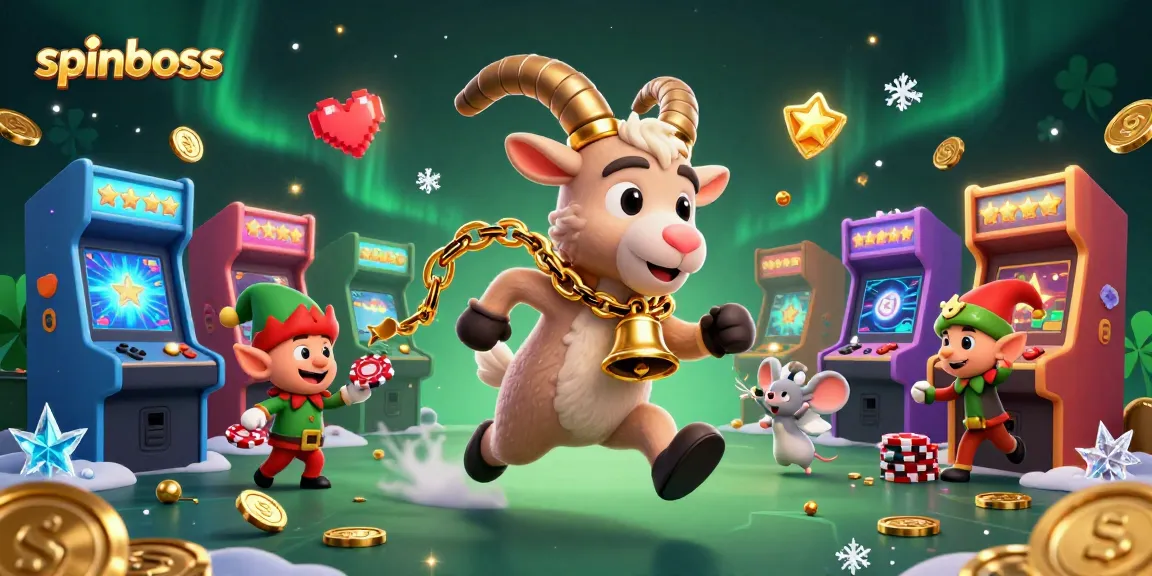 spinboss promotes excitement in a festive casino scene with Krampus and cartoon characters.