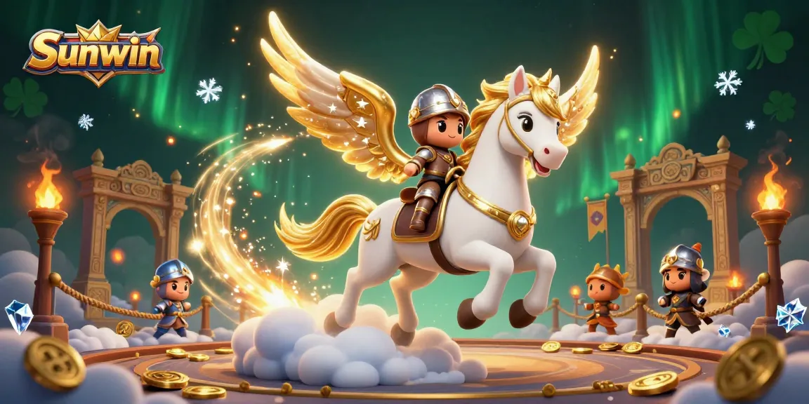 Experience the thrill of Sunwin with an illustrated scene featuring a celestial horse and knight amidst gambling elements.