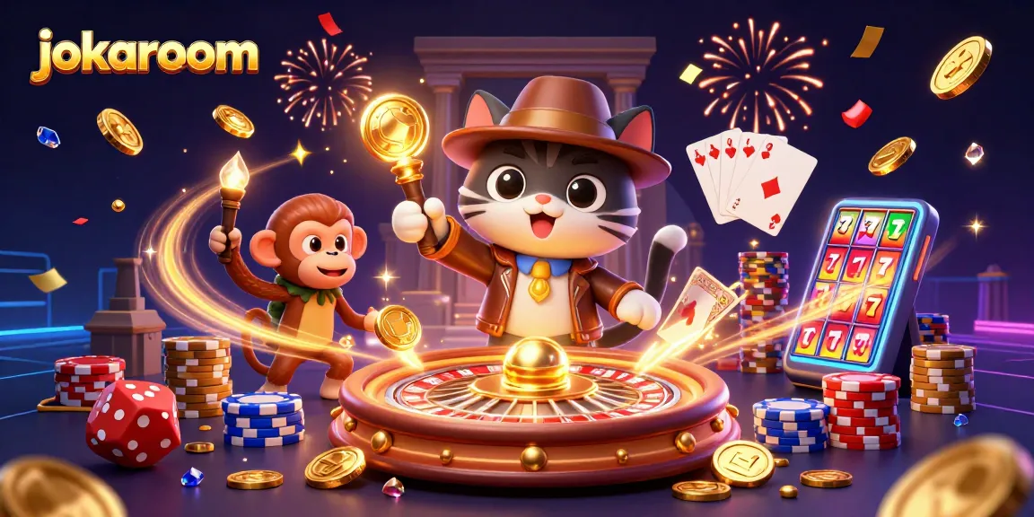 Experience thrilling moments with jokaroom's cartoon explorer and treasure in a dynamic casino scene.